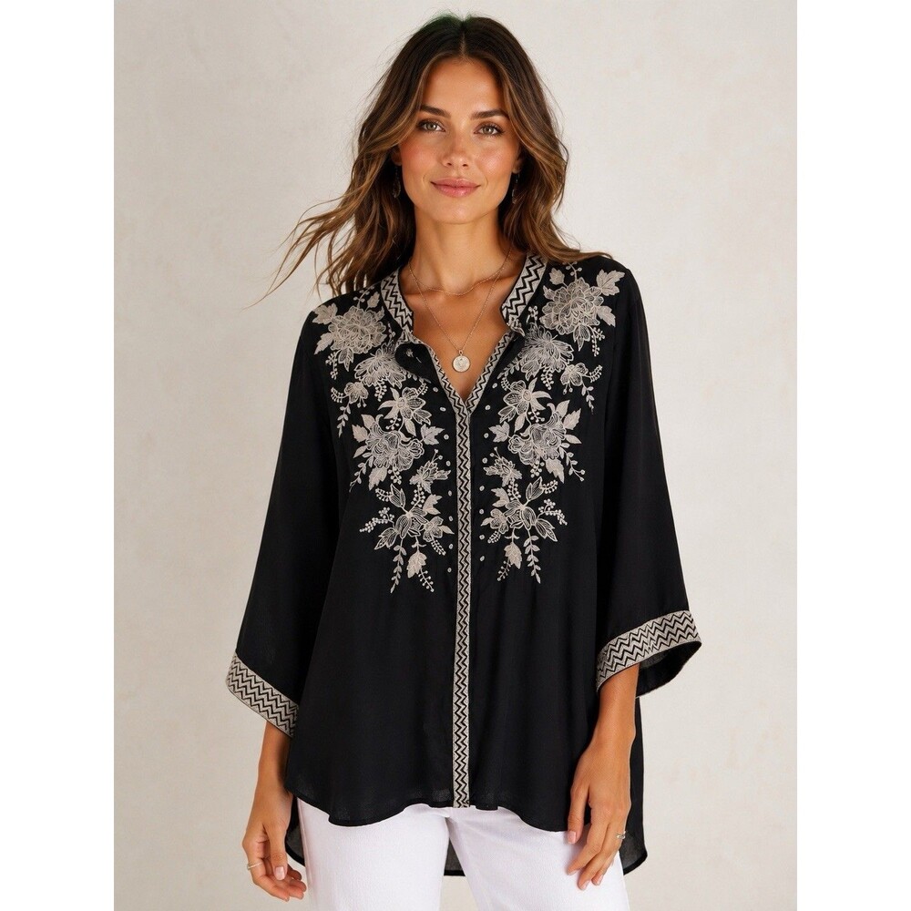 Johnny Was Workshop 100% Silk Embroidered Tunic Top Black Floral Boho 3/4 Sleeve
